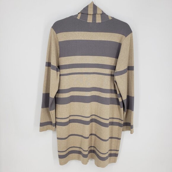 Calvin Klein Open Front Long Cardigan Sweater L Womens Striped Gray Tan - Picture 2 of 9
